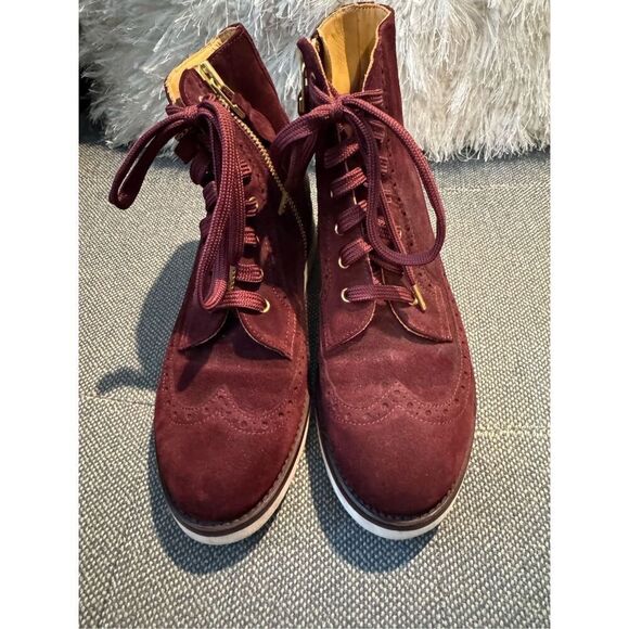 The Office of Angela Scott Mr Harrison maroon metallic suede bootie 37.5/7.5 wit - Picture 2 of 12